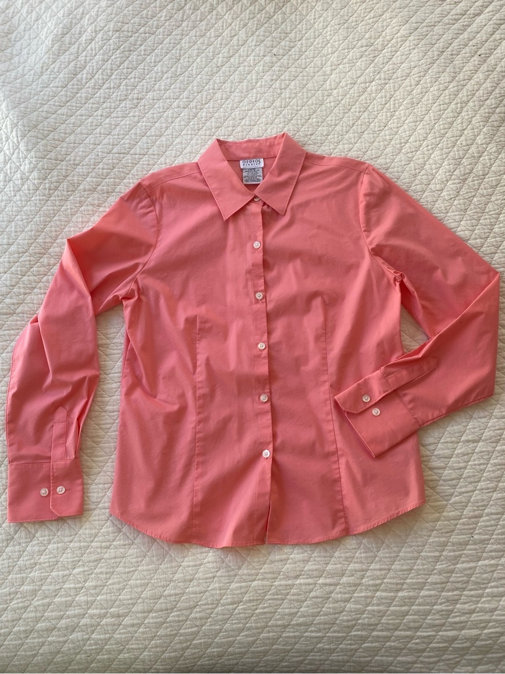 Classic Coral Pink Button-Up Shirt Long Sleeves Stretch Cotton Blend Preppy M